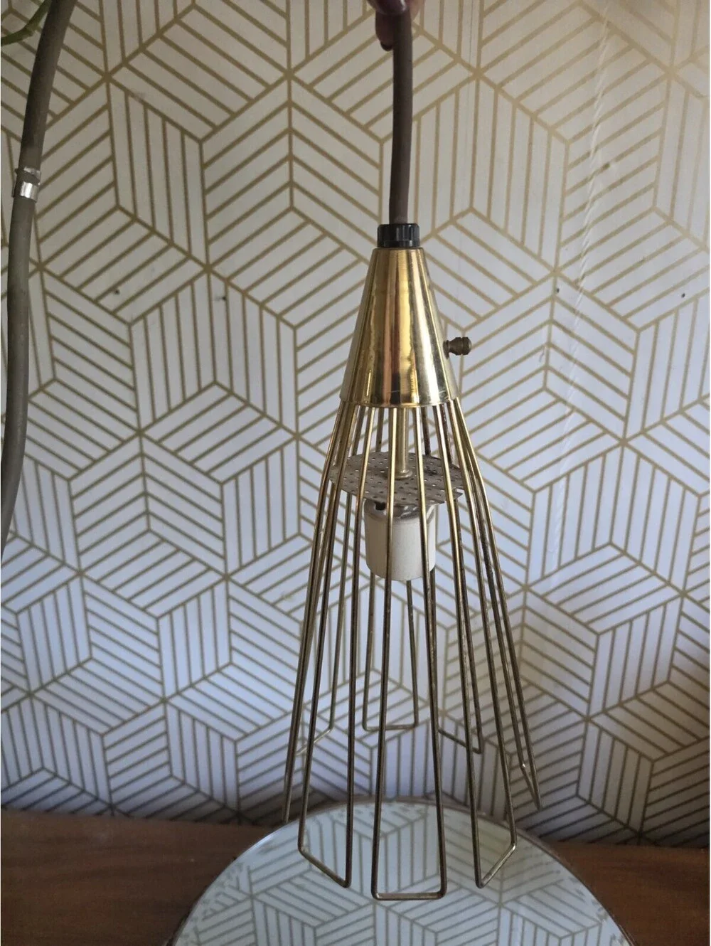 Vintage Midcentury Atomic Conical Wire Gold Cage Pendant Light Hanging Swag 50's